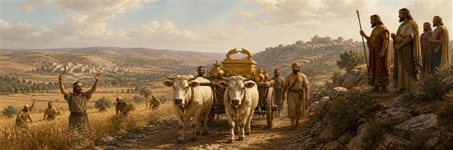 Two cows pulling the ark on a new cart toward the fields of Beth-shemesh